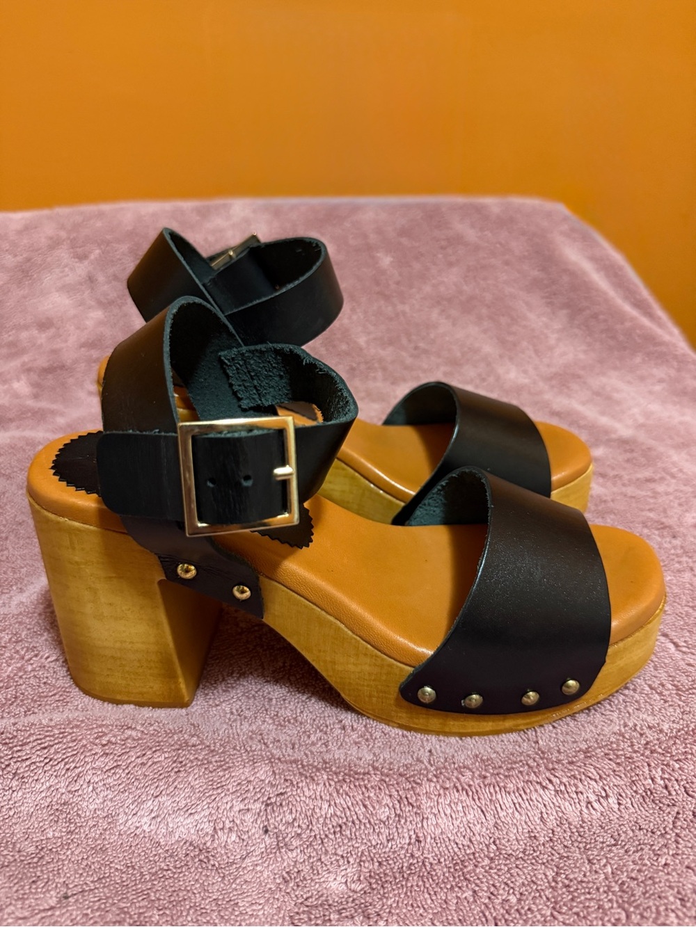 Black Platform Sandals with Wood-Look Block Heel